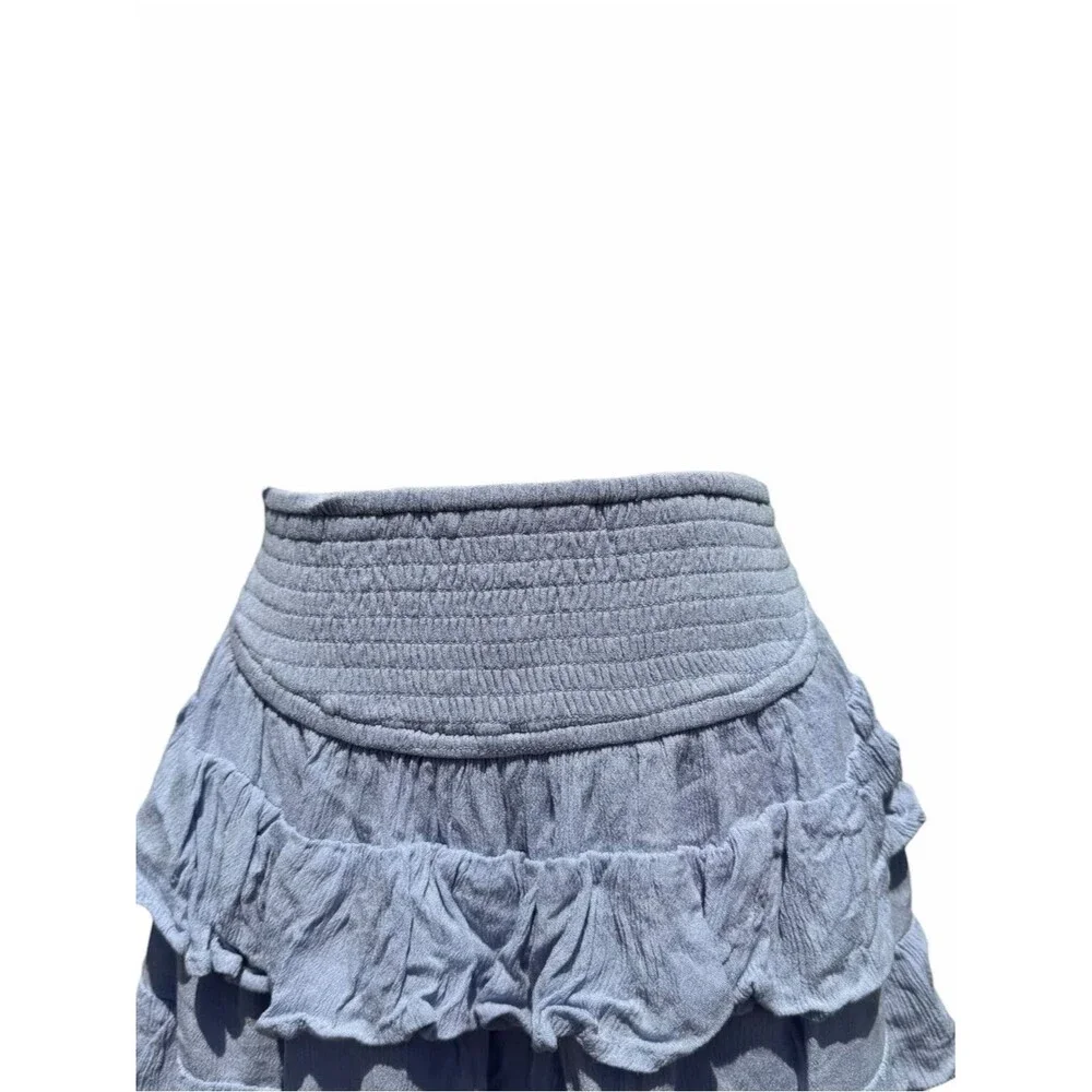Hollister Tiered Ruffle Mini Skirt Blue Gray Medium Smocked Waist Boho Coquette